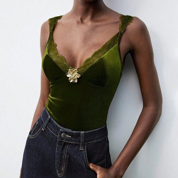 Tops - Army Green Casual Women's Velvet Lace Patchwork Tank Bodysuit with Metal Buckle
